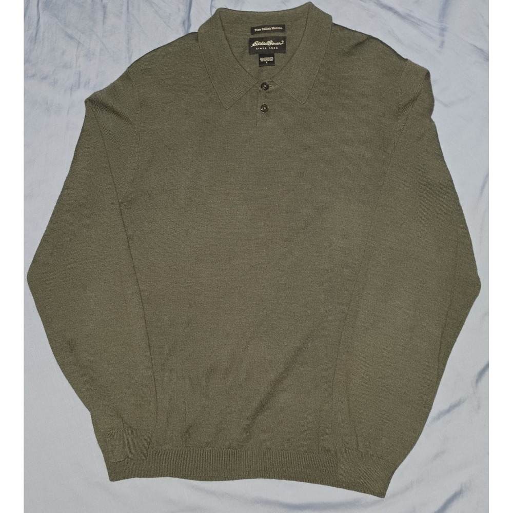 Eddie‎ Bauer Sweater Mens Large Fine Italian Merino Wool Green Henley Pullover